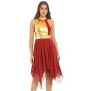 DPOIS Womens Metallic Praise Dance Dresses Liturgical Dancewear Workship Dance Costume Red M